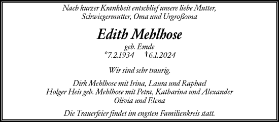 Traueranzeige von Edith Mehlhose von trauer.wuppertaler-rundschau.de