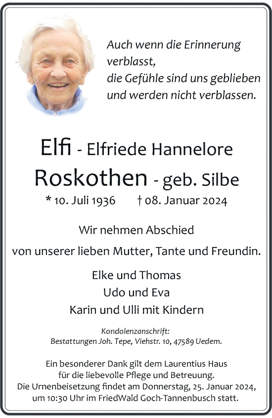 Traueranzeige von Elfriede Roskothen von trauer.extra-tipp-moenchengladbach.de