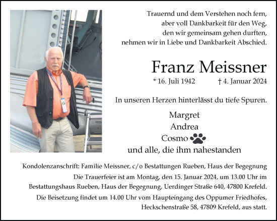 Traueranzeige von Franz Meissner von trauer.extra-tipp-moenchengladbach.de