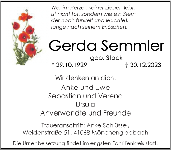 Traueranzeige von Gerda Semmler von trauer.extra-tipp-moenchengladbach.de