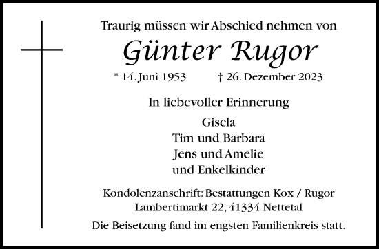 Traueranzeige von Günter Rugor von trauer.extra-tipp-moenchengladbach.de