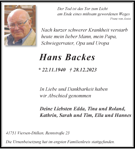 Traueranzeige von Hans Backes von trauer.extra-tipp-moenchengladbach.de