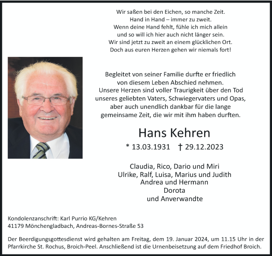 Traueranzeige von Hans Kehren von trauer.extra-tipp-moenchengladbach.de