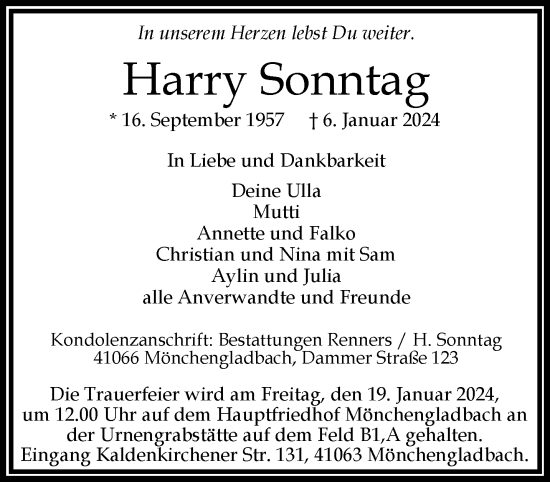 Traueranzeige von Harry Sonntag von trauer.extra-tipp-moenchengladbach.de