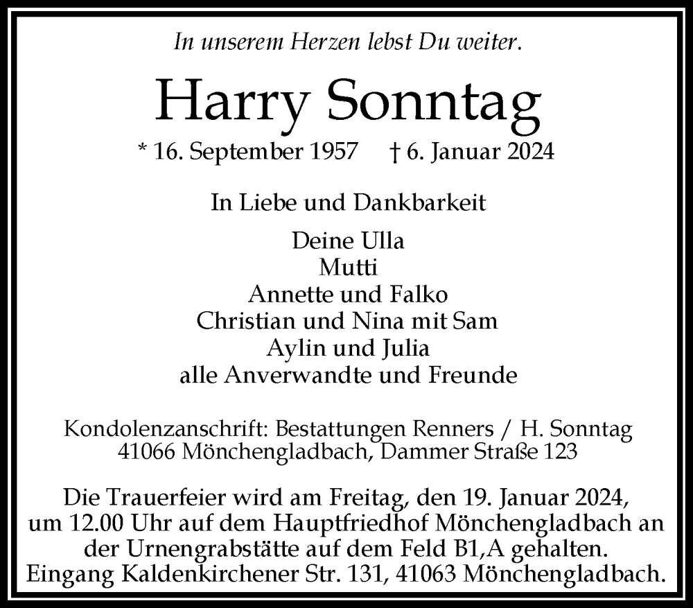  Traueranzeige für Harry Sonntag vom 14.01.2024 aus trauer.extra-tipp-moenchengladbach.de