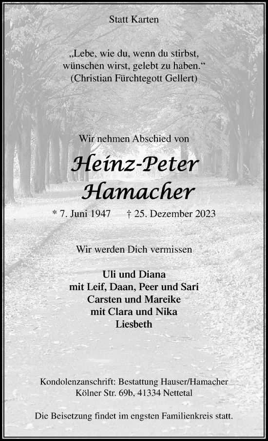 Traueranzeige von Heinz-Peter Hamacher von trauer.extra-tipp-moenchengladbach.de