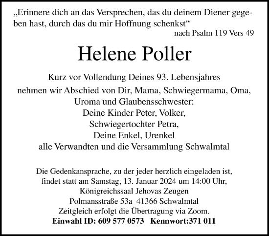 Traueranzeige von Helene Poller von trauer.extra-tipp-moenchengladbach.de
