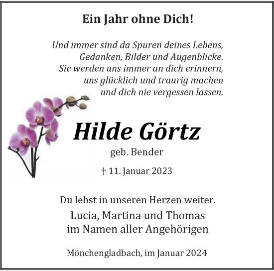 Traueranzeige von Hilde Görtz von trauer.extra-tipp-moenchengladbach.de