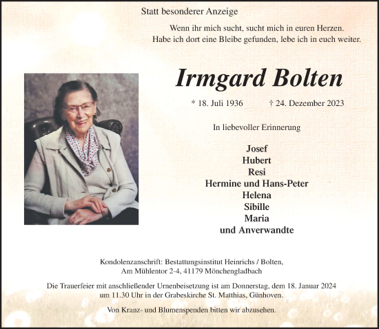 Traueranzeige von Irmgard Bolten von trauer.extra-tipp-moenchengladbach.de