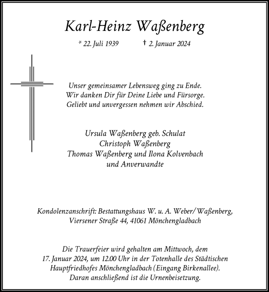 Traueranzeige von Karl-Heinz Waßenberg von trauer.extra-tipp-moenchengladbach.de