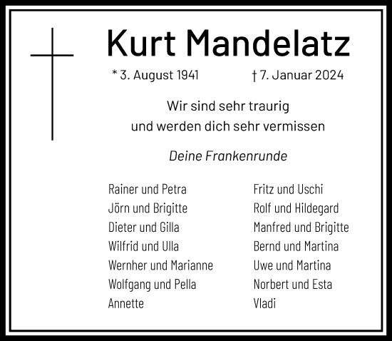 Traueranzeige von Kurt Mandelatz von trauer.extra-tipp-moenchengladbach.de