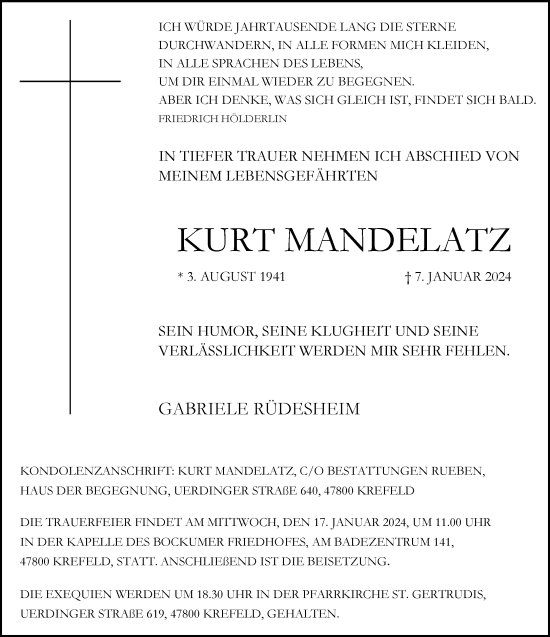 Traueranzeige von Kurt Mandelatz von trauer.extra-tipp-moenchengladbach.de