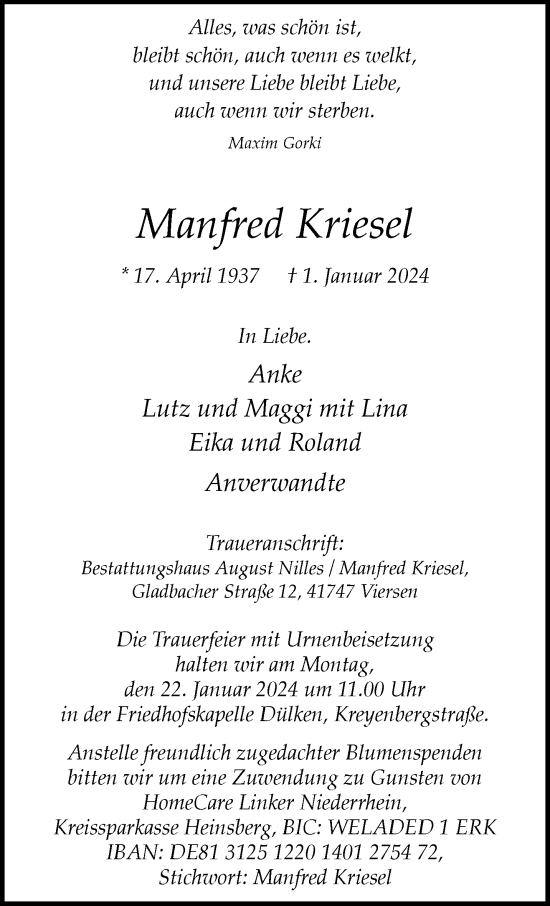 Traueranzeige von Manfred Kriesel von trauer.extra-tipp-moenchengladbach.de