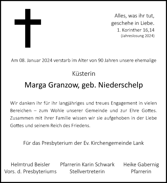 Traueranzeige von Marga Granzow von trauer.extra-tipp-moenchengladbach.de