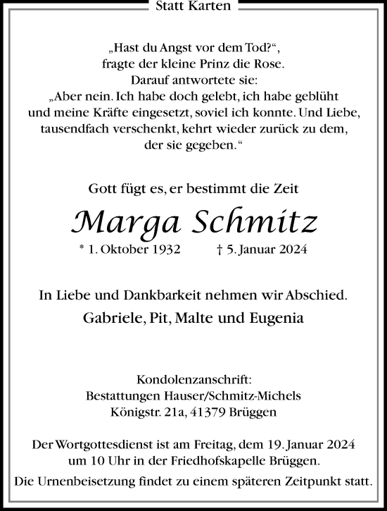 Traueranzeige von Marga Schmitz von trauer.extra-tipp-moenchengladbach.de