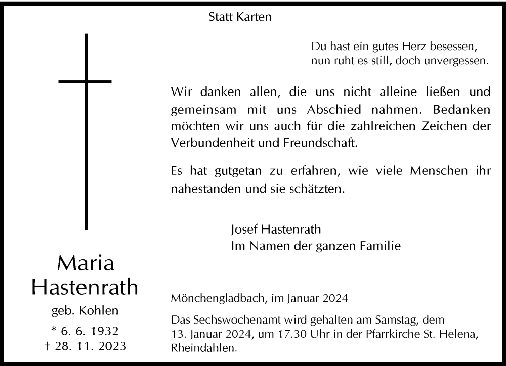  Traueranzeige für Maria Hastenrath vom 07.01.2024 aus trauer.extra-tipp-moenchengladbach.de