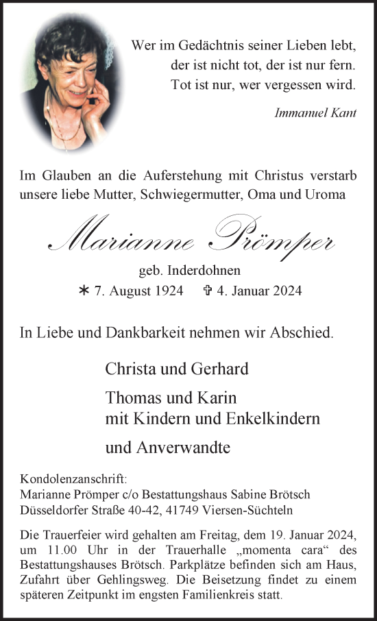 Traueranzeige von Marianne Prömper von trauer.extra-tipp-moenchengladbach.de