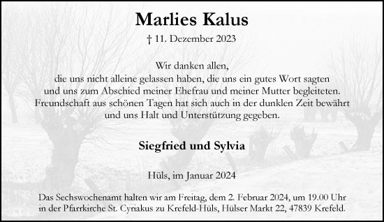 Traueranzeige von Marlies Kalus von trauer.extra-tipp-moenchengladbach.de