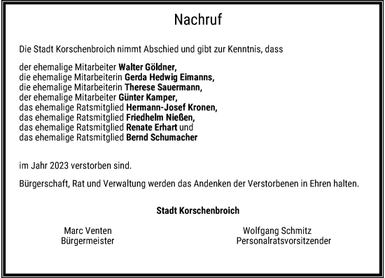 Traueranzeige von Nachruf Stadt Korschenbroich von trauer.extra-tipp-moenchengladbach.de