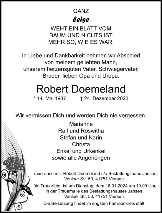 Traueranzeige von Robert Doemeland von trauer.extra-tipp-moenchengladbach.de