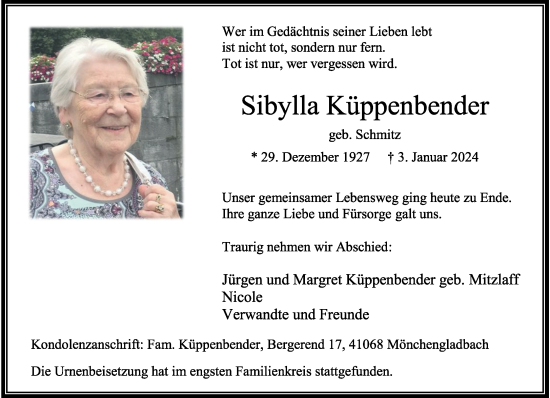 Traueranzeige von Sibylla Küppenbender von trauer.extra-tipp-moenchengladbach.de