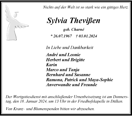 Traueranzeige von Sylvia Thevißen von trauer.extra-tipp-moenchengladbach.de