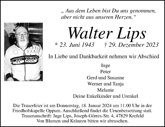 Traueranzeige von Walter Lips von trauer.extra-tipp-moenchengladbach.de