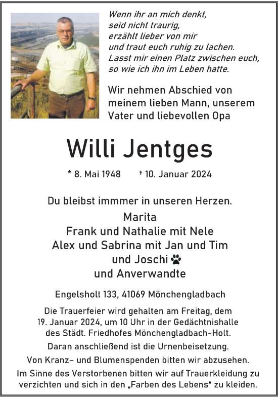 Traueranzeige von Willi Jentges von trauer.extra-tipp-moenchengladbach.de