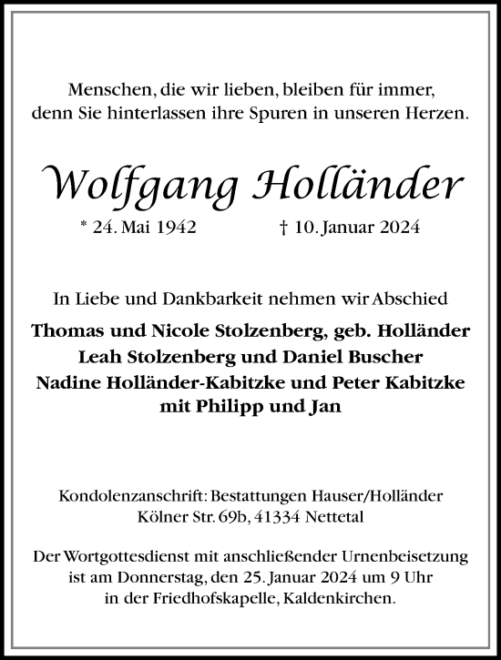 Traueranzeige von Wolfgang Holländer von trauer.extra-tipp-moenchengladbach.de