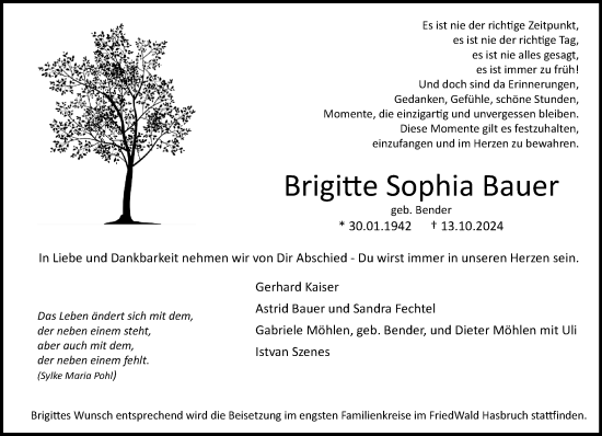 Traueranzeige von Brigitte Sophia Bauer von trauer.extra-tipp-moenchengladbach.de