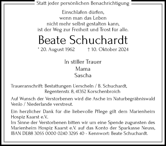 Traueranzeige von Beate Schuchardt von trauer.extra-tipp-moenchengladbach.de