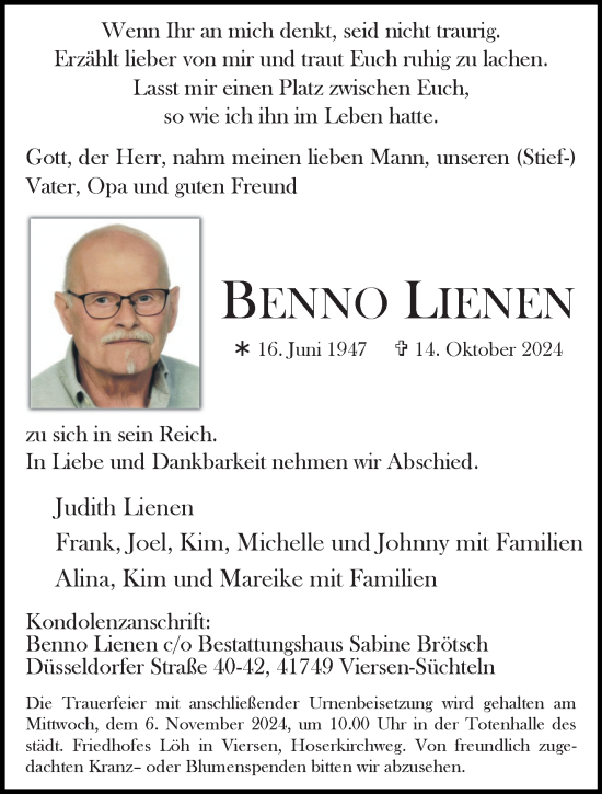 Traueranzeige von Benno Lienen von trauer.extra-tipp-moenchengladbach.de