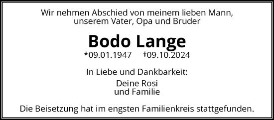 Traueranzeige von Bodo Lange von trauer.wuppertaler-rundschau.de