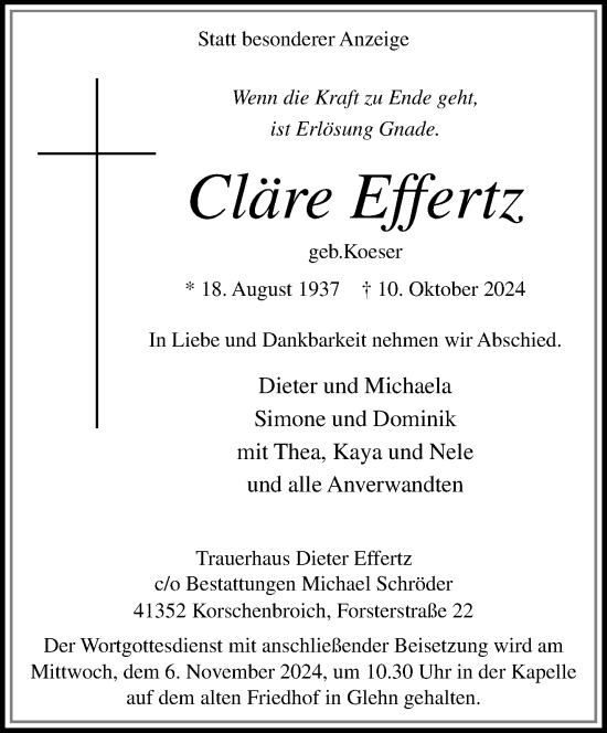 Traueranzeige von Cläre Effertz von trauer.extra-tipp-moenchengladbach.de