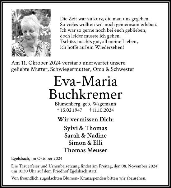 Traueranzeige von Eva-Maria Buchkremer von trauer.extra-tipp-moenchengladbach.de