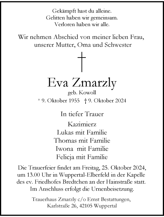 Traueranzeige von Eva Zmarzly von trauer.wuppertaler-rundschau.de