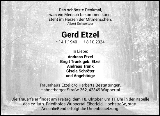 Traueranzeige von Gerd Etzel von trauer.wuppertaler-rundschau.de