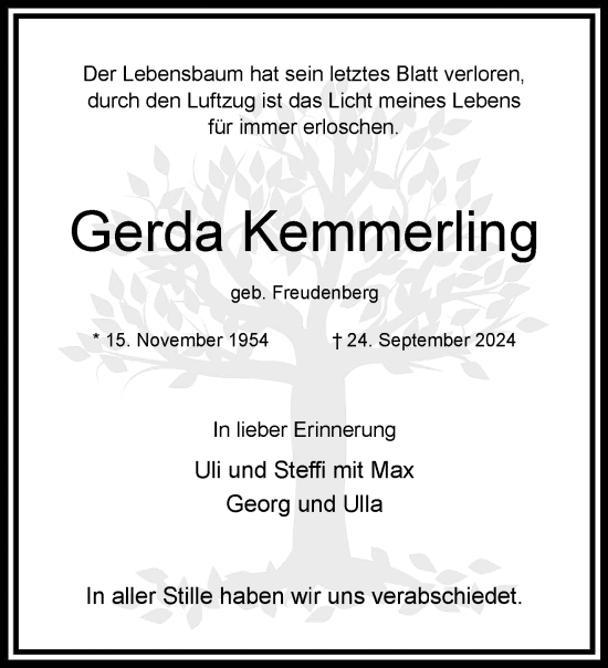 Traueranzeige von Gerda Kemmerling von trauer.extra-tipp-moenchengladbach.de