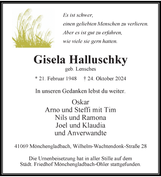 Traueranzeige von Gisela Halluschky von trauer.extra-tipp-moenchengladbach.de