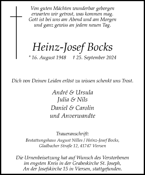 Traueranzeige von Heinz-Josef Bocks von trauer.extra-tipp-moenchengladbach.de