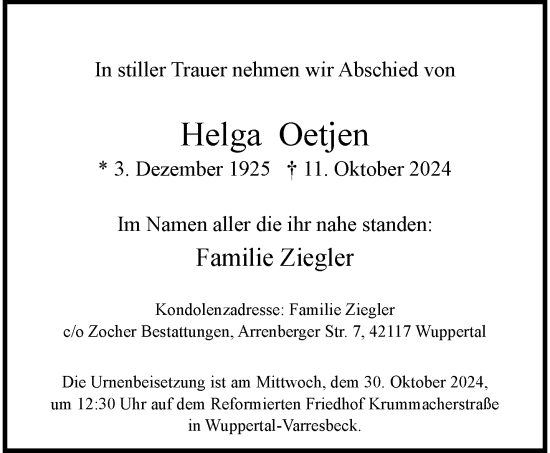 Traueranzeige von Helga Oetjen von trauer.wuppertaler-rundschau.de