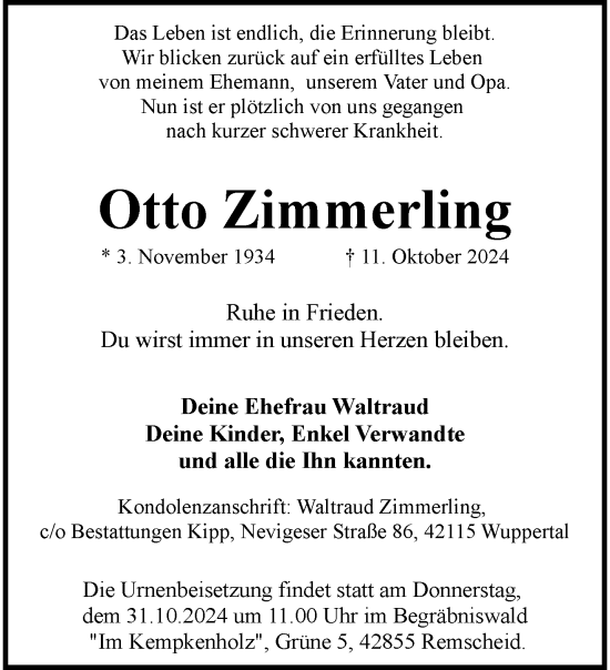 Traueranzeige von Otto Zimmerling von trauer.wuppertaler-rundschau.de