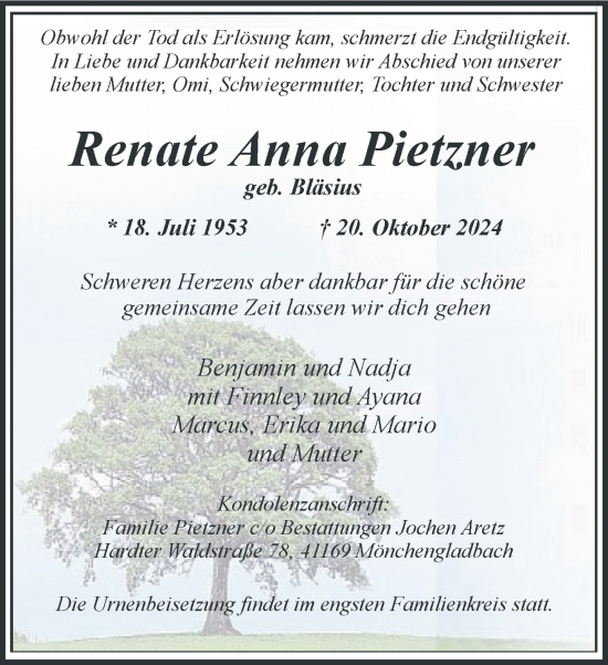 Traueranzeige von Renate Anna Pietzner von trauer.extra-tipp-moenchengladbach.de