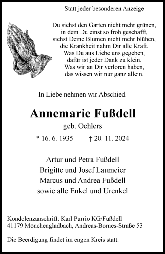 Traueranzeige von Annemarie Fußdell von trauer.extra-tipp-moenchengladbach.de