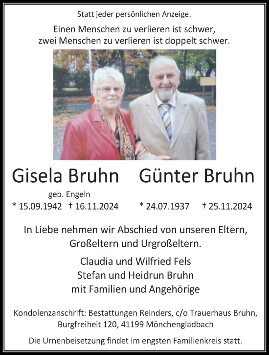 Traueranzeige von Gisela und Günter Bruhn von trauer.extra-tipp-moenchengladbach.de