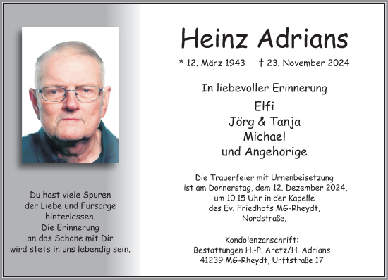 Traueranzeige von Heinz Adrians von trauer.extra-tipp-moenchengladbach.de