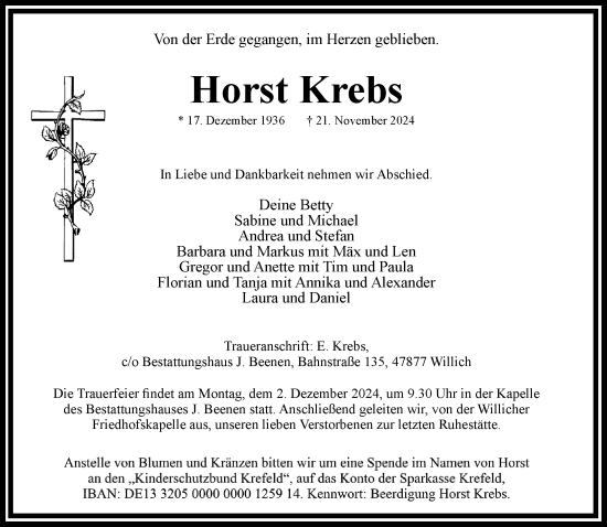 Traueranzeige von Horst Krebs von trauer.extra-tipp-moenchengladbach.de