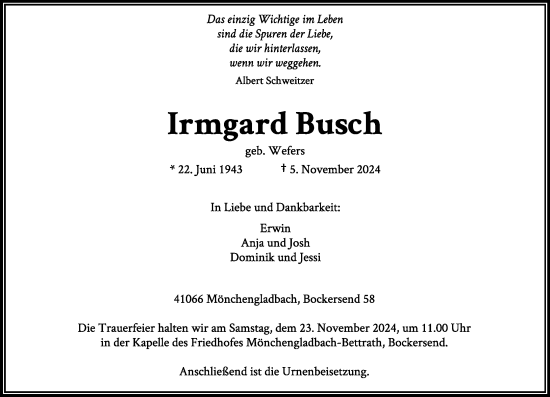 Traueranzeige von Irmgard Busch von trauer.extra-tipp-moenchengladbach.de