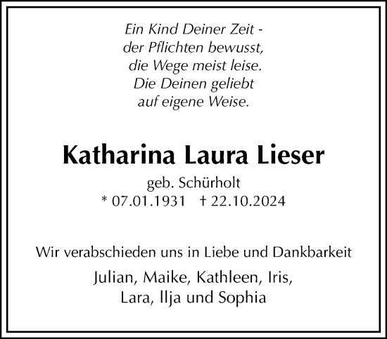 Traueranzeige von Katharina Laura Lieser von trauer.extra-tipp-moenchengladbach.de