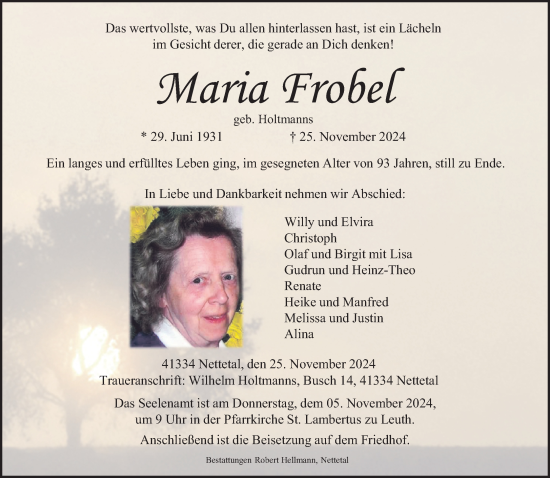 Traueranzeige von Maria Frobel von trauer.extra-tipp-moenchengladbach.de